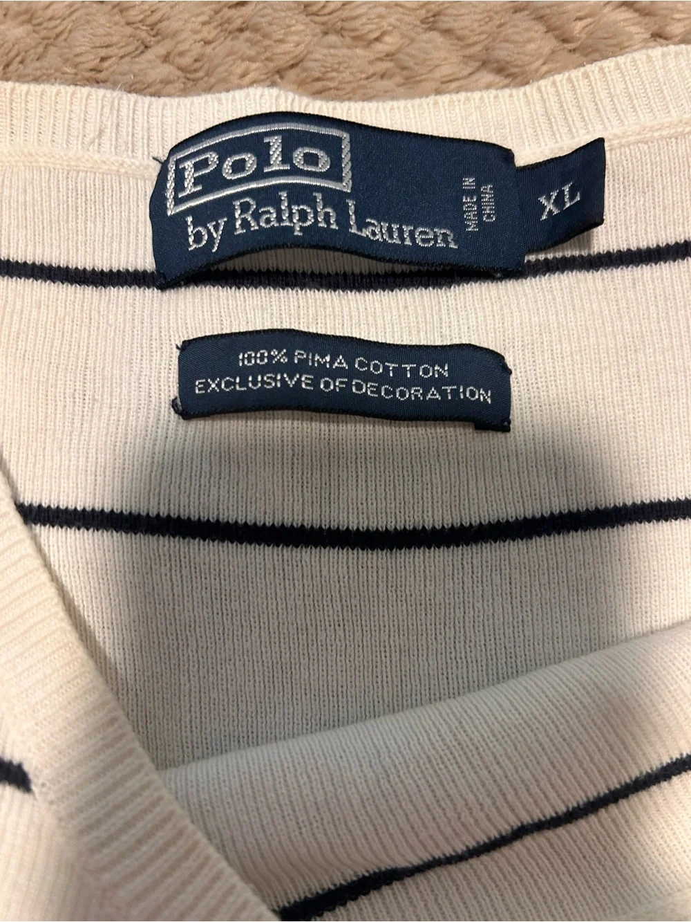 Polo by Ralph Lauren Cream Crewneck with Navy Stripe and Pony